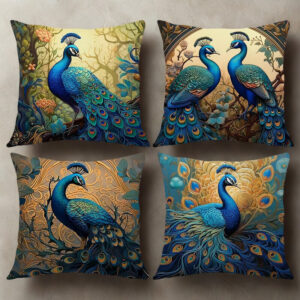 Zestaw 4 poszewek na poduszki z motywem pawia w stylu retro